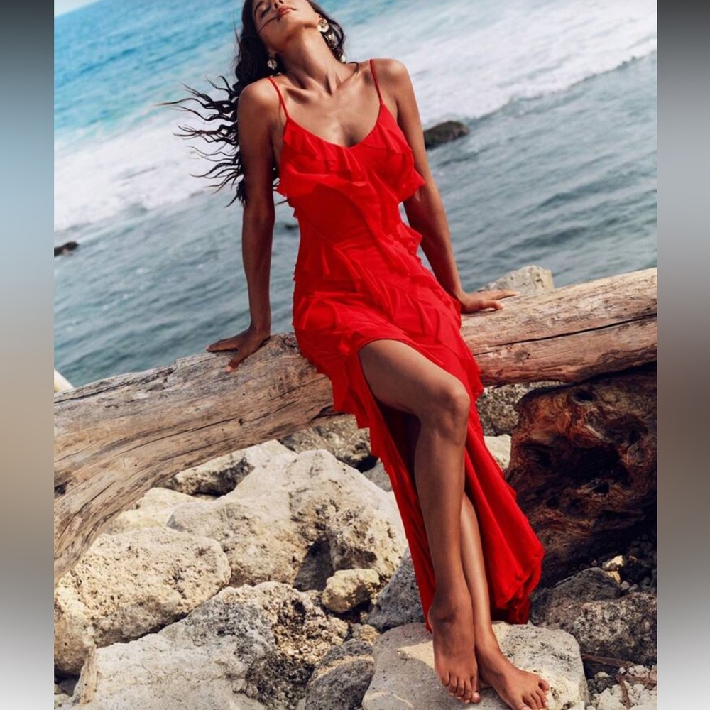 Elegant Red Ruffle Detail  Dress Evening Gown
